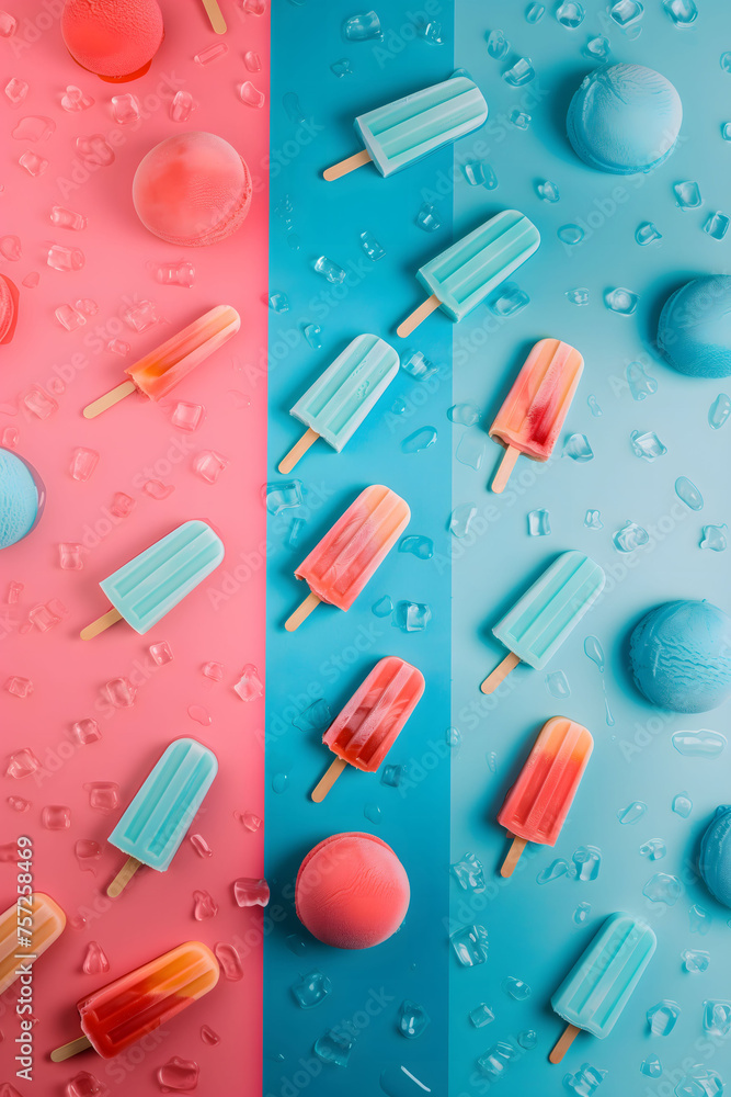 A selection of popsicles with various flavors against a colorful background. Generati AI A selection of popsicles with various flavors against a colorful background. Generati AI