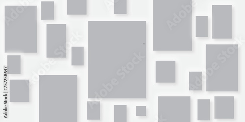 White abstract geometric background with white paper sheets soars as abstract spaces with rectangles, parallel stripes, perspective, shadows in simple strict modern material in triangle and square.