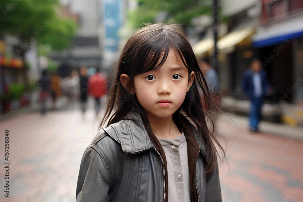 Fototapeta premium girl Chinese Beautiful in her teens or younger talking head shoulders shot bokeh out of focus background on a cosmopolitan western street vox pop website review or questionnaire candid photo