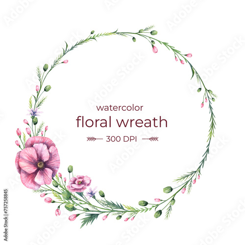 Delicate floral wreath with pink poppy. Hand drawn watercolor greeting card design. Brochure and invitation floral design with copy space for text. Cute pink blooming wild flowers in a circle frame (ID: 757258845)