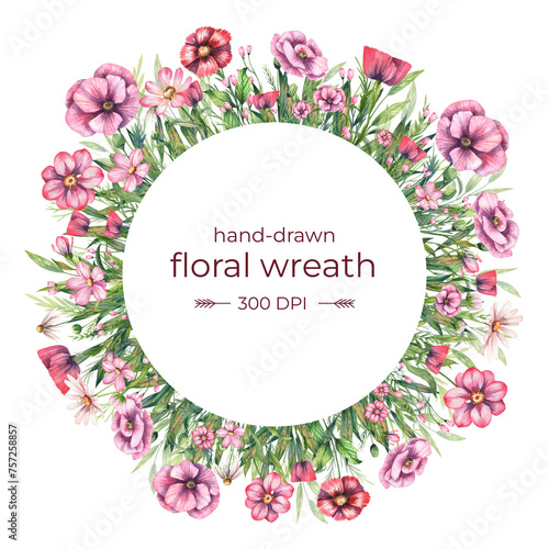 Greeting card and brochure circle design with various pink flowers. Watercolor floral bouquet. Hand drawn blooming flowers round frame with copy space (ID: 757258857)