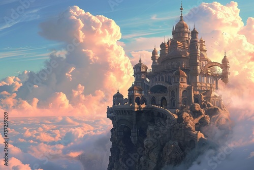 Fantastic magical flying majestic castle palace in the clouds in a fantasy world