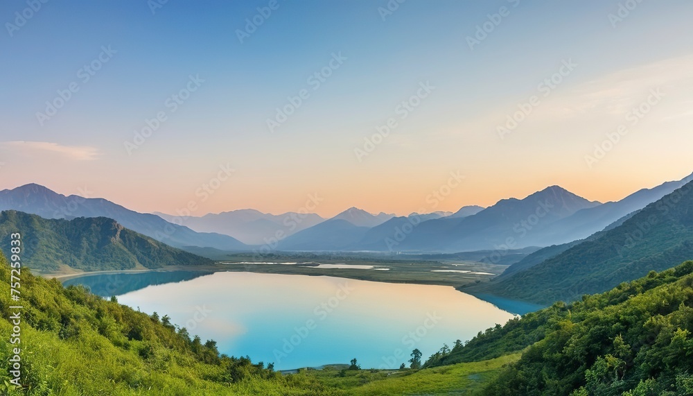 Landscape Scenery View of Mountain Range Against Blue Sky Background at Sunrise