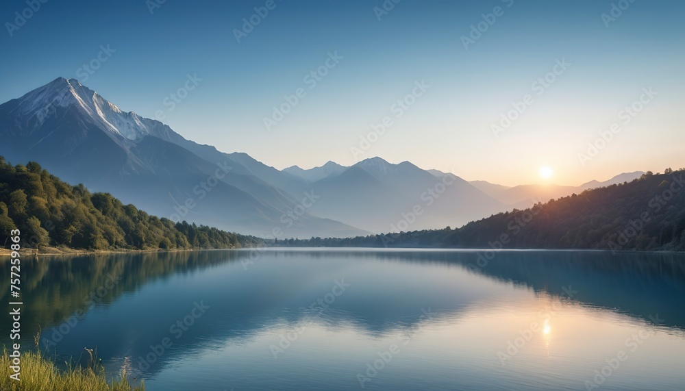 Landscape Scenery View of Mountain Range Against Blue Sky Background at Sunrise