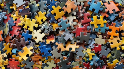 Colorful jigsaw puzzle pieces in disarray and close-up