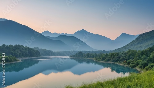 Landscape Scenery View of Mountain Range Against Blue Sky Background at Sunrise © Floare