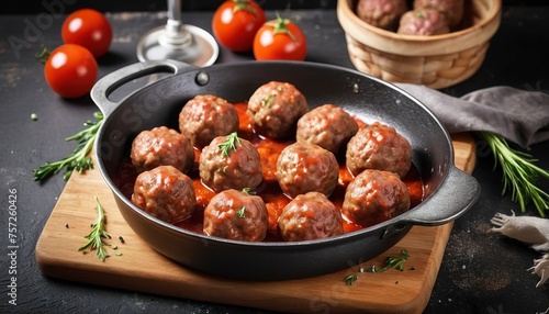 Meat balls in pan on cutting Board. On black rustic background