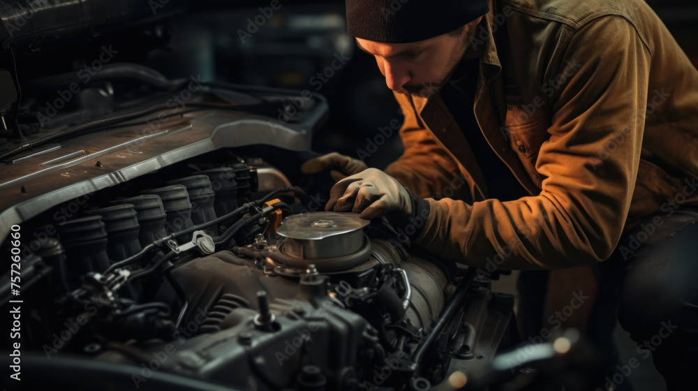 Auto mechanic working on car engine in mechanics garage. Repair service. authentic close-up shot Auto mechanic working on car engine in mechanics garage. Repair service. authentic close-up shot