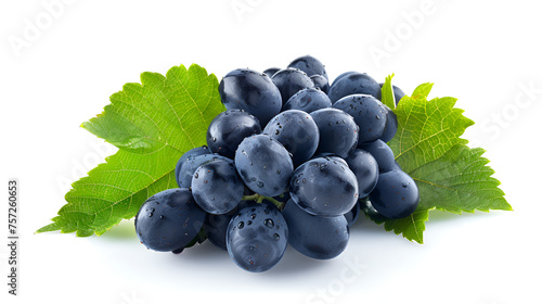 A stunning close-up of dark blue grapes with leaves isolated on a white background, showcasing the beauty and freshness of the fruit, Generative Ai