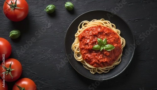 Pasta with tomato sauce on a plate and fresh tomatoes. On black rustic background