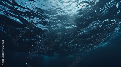 A mesmerizing view of the dark blue ocean surface from an underwater perspective, showcasing the beauty of the marine world, Generative Ai