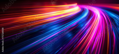 Technology and business concept banner. Abstract colorful light streaks in motion on a dark background. Long exposure lines and waves of colors. 