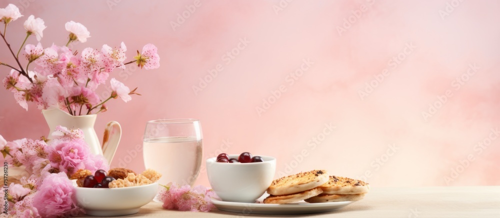 Breakfast with pancakes, milk and cherry blossom on pink background Breakfast with pancakes, milk and cherry blossom on pink background