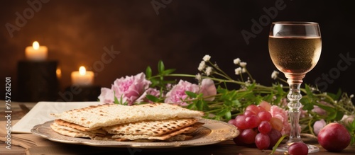 Jewish Passover concept. A wine glass with flowers and grapes on the table.