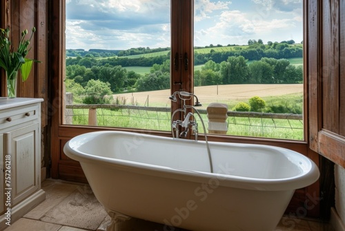 Interior of a country house, bathtub and panoramic view