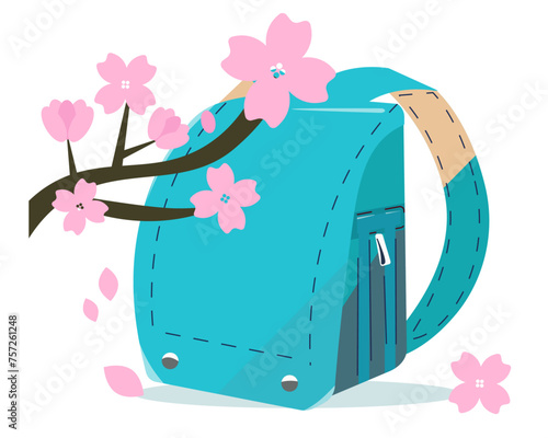 水色のランドセルと桜。4月の新学期。小学校の入学式。ベクターイラスト