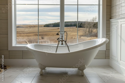 Bathroom interior with bathtub, panoramic window and countryside view