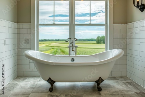 Bathroom interior with white vintage bathtub and panoramic window.