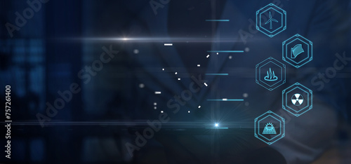 Cg tech collage. Against the background of a silhouette of an employee with a laptop, there are symbols of renewable energy sources and the global environmental agenda.