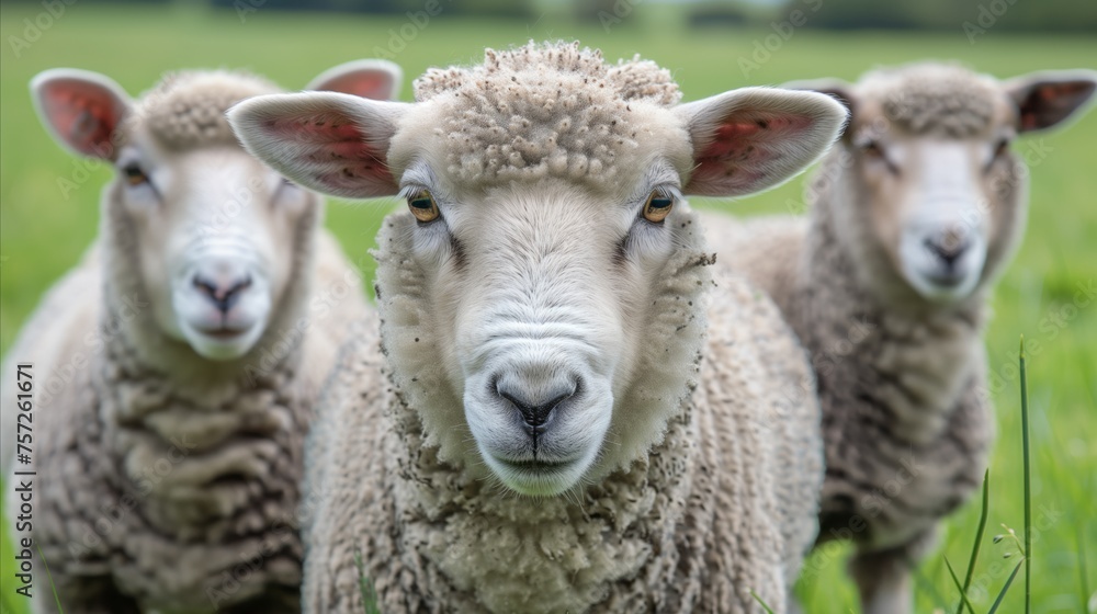 Curious sheep flock focusing on the camera in a field Curious sheep flock focusing on the camera in a field