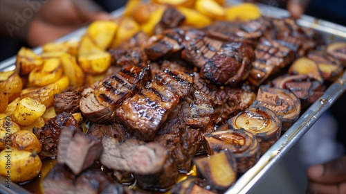 Fototapeta Naklejka Na Ścianę i Meble -  Delicious grilled steak and potatoes on a serving tray