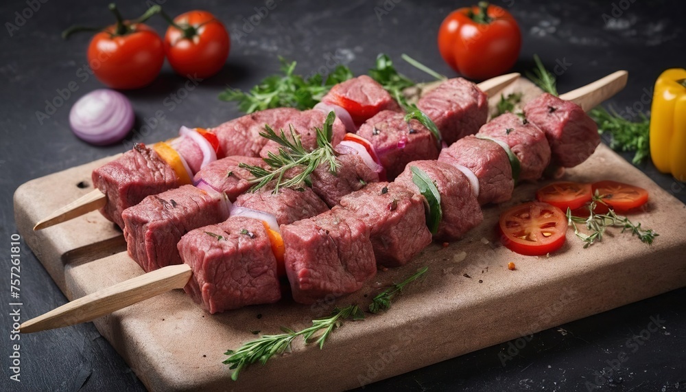 Raw beef kebab with vegetables and herbs on a cutting Board. On rustic background