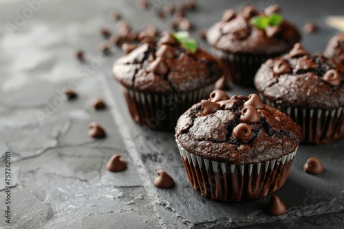 Delicious fresh chocolate muffins on grey table, closeup