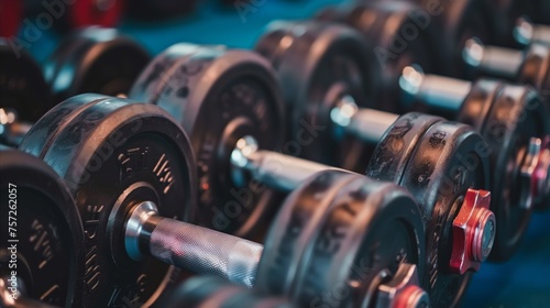Assorted dumbbells on rack in a modern gym environment photo
