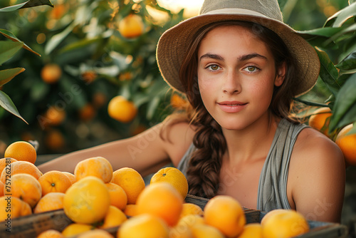 happy young woman farmer girl with a harvest of harvested ripe orange tangerine on farm in an orchard