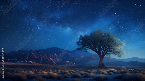 Desert Night Tree: A serene landscape with a lone tree under the moonlight, Generative Ai