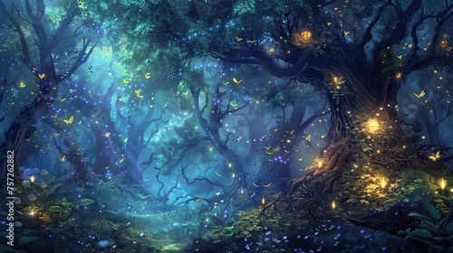 A forest with glowing trees and butterflies