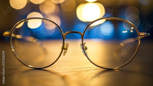 Classic round eyeglasses with bokeh night lights background