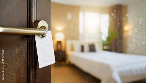 Detalle cerca puerta abierta, fondo bokeh, manilla con tarjeta. al fondo se ve una habitación con una cama de hotel photo