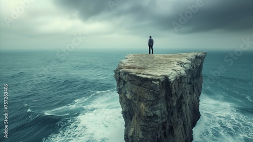 Man standing on cliff edge over stormy sea