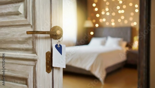 Detalle cerca puerta abierta, fondo bokeh, manilla con tarjeta. al fondo se ve una habitación con una cama de hotel