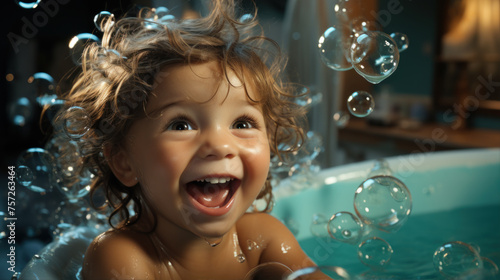 Children playing with soap bubbles in the bathtub, laughing, cheerful, wavy hair