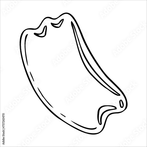 Hand drawn jade gouache massage scraper for face and neck massage. Cosmetic gouache vector drawing, graphic. Natural stone roller, pestle and bowl, mortar. Lifting for healthy and young skin.