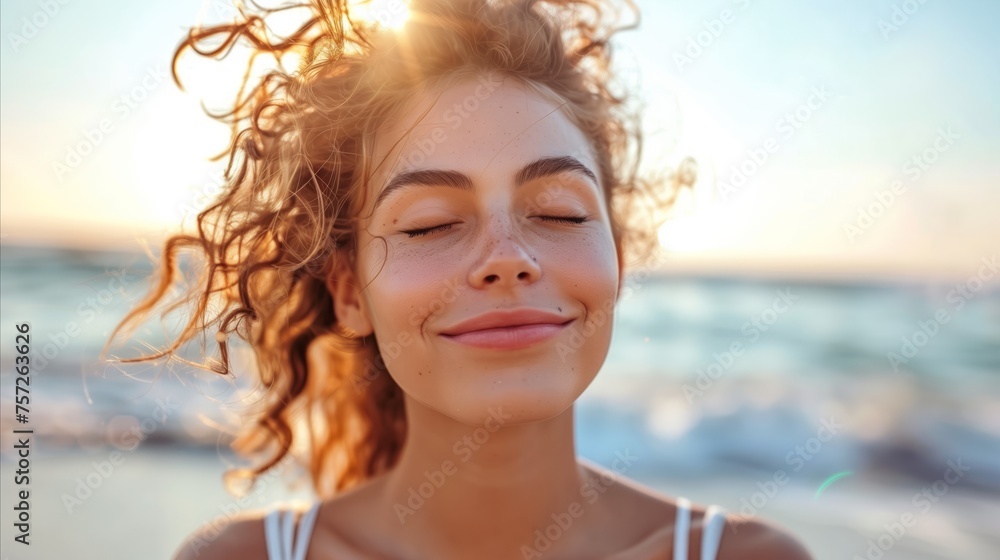 Serene young woman enjoying a beach sunset Serene young woman enjoying a beach sunset