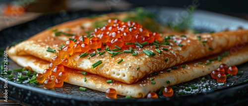 Folded pancakes with red caviar on the plate. View from above. Horizontal banner 7:3 photo