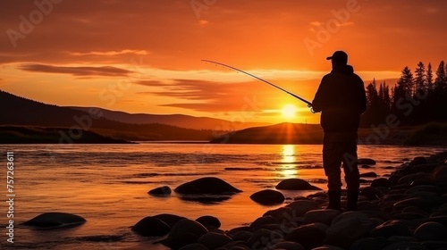 Fisherman successfully reeling in a big fish caught on his fishing rod in the vast open waters photo