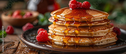 Thick pancakes with golden syrup and raspberries pouring and bubbling from above. Horizontal banner 7:3 photo