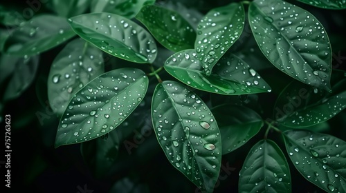 Fresh green leaves with water droplets after rain