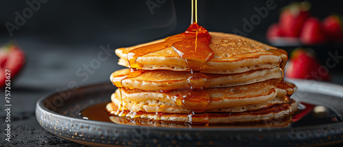 Thick pancakes with golden syrup pouring and bubbling from above. Horizontal banner 7:3 photo