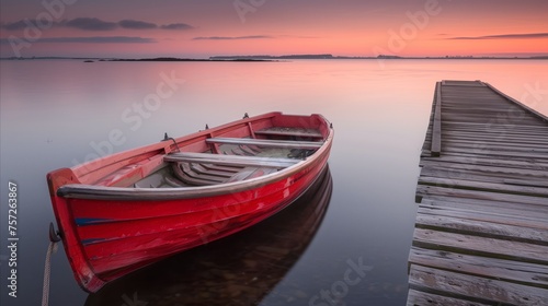 Tranquil sunset with red boat and wooden pier