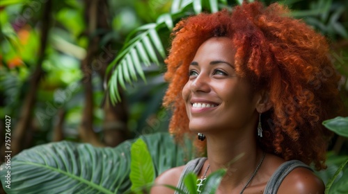 Vibrant red-haired woman enjoying the lush jungle