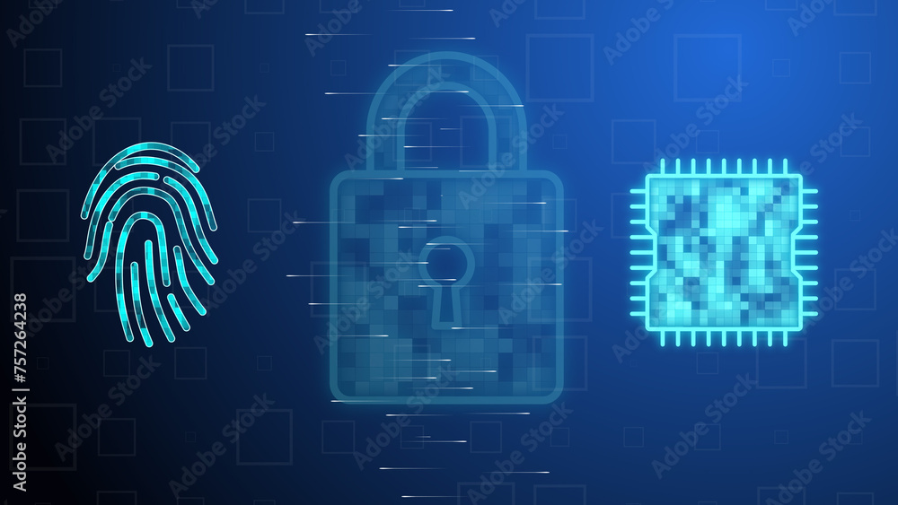 Cg tech collage. A digital fingerprint and an AI microchip between which rays of information move against the backdrop of a lock on a blue background. The concept of protecting personal biometric data Cg tech collage. A digital fingerprint and an AI microchip between which rays of information move against the backdrop of a lock on a blue background. The concept of protecting personal biometric data