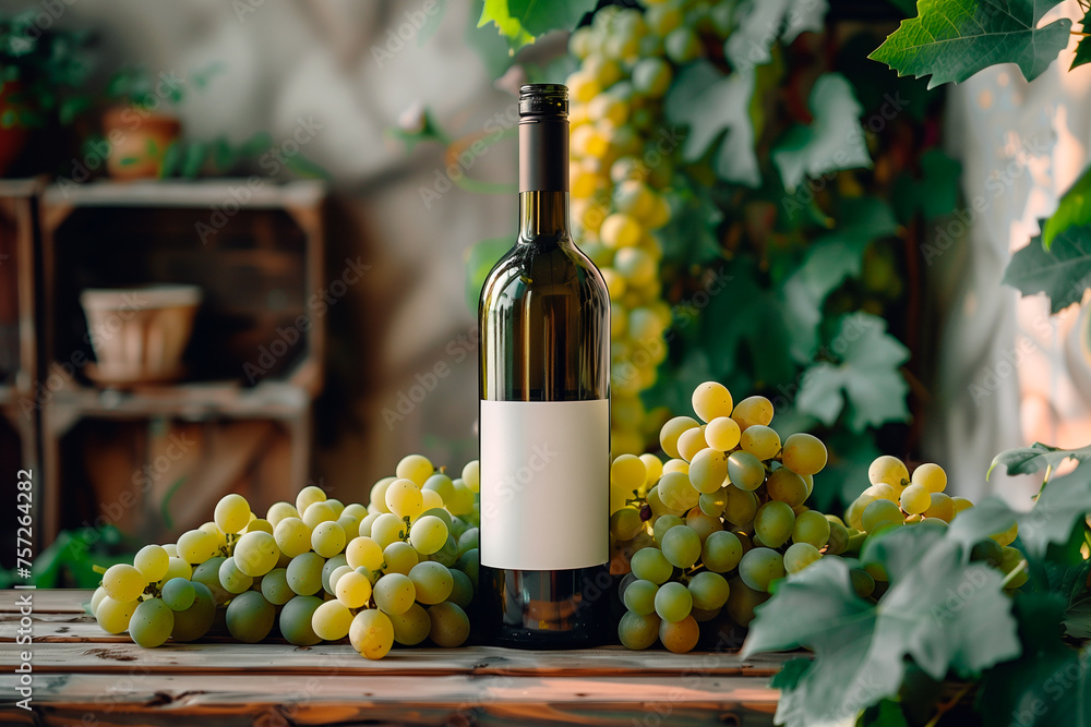 Fototapeta premium A bottle of wine on a background of grapes. Mockup.