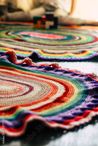 multi-colored handmade rug on the floor in the room close-up