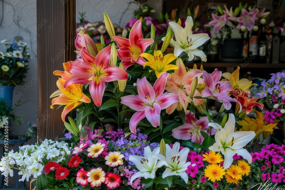 Celebrating Spring with a Flourish: A Lively Kiosk Adorned with Easter Lilies and Seasonal Blooms