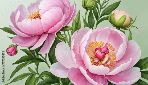 Set of watercolor fresh pink peony flowers with green leaf branch